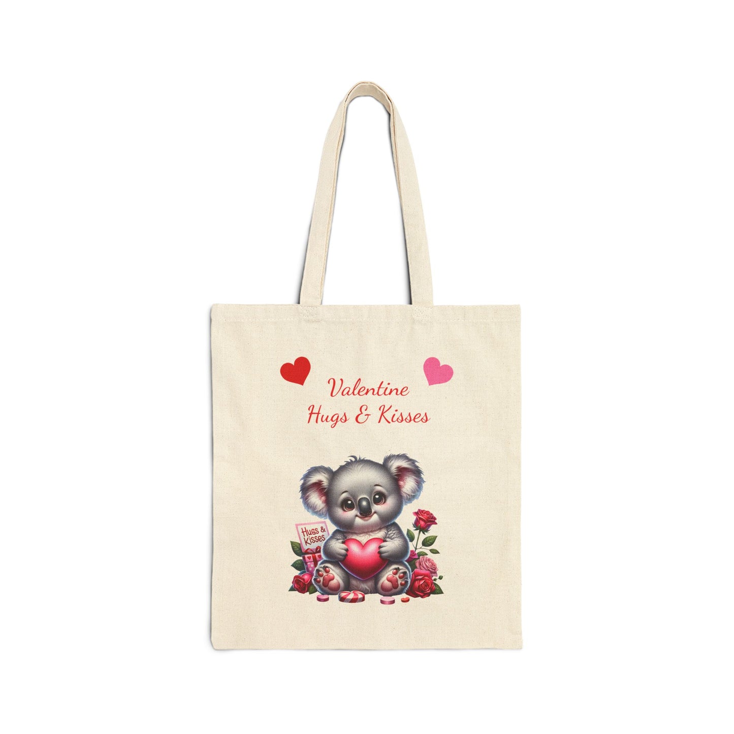 Valentine Hugs & Kisses canvas tote bag with a cute koala bear holding a heart and surrounded by roses.