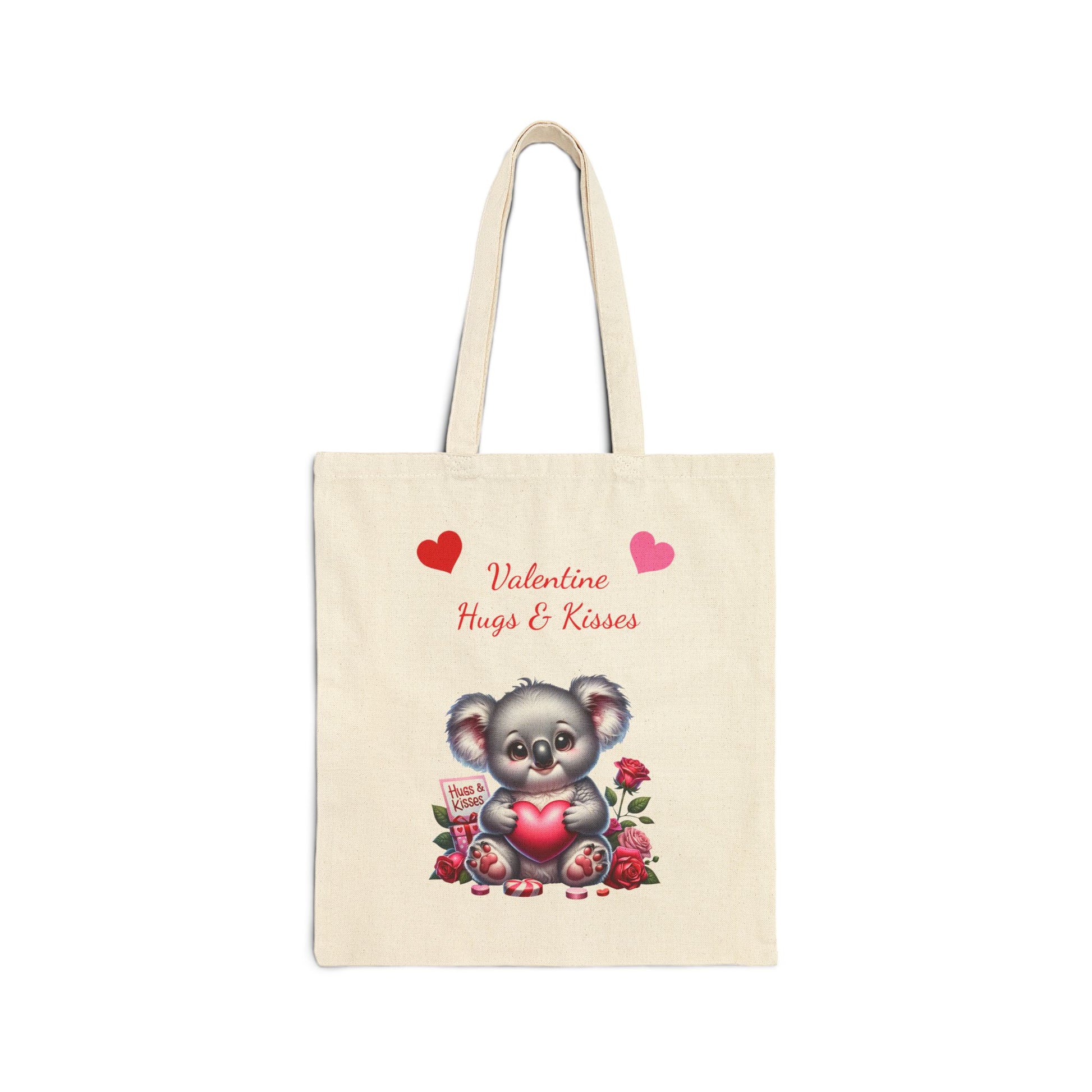 Valentine Hugs & Kisses canvas tote bag with a cute koala bear holding a heart and surrounded by roses.