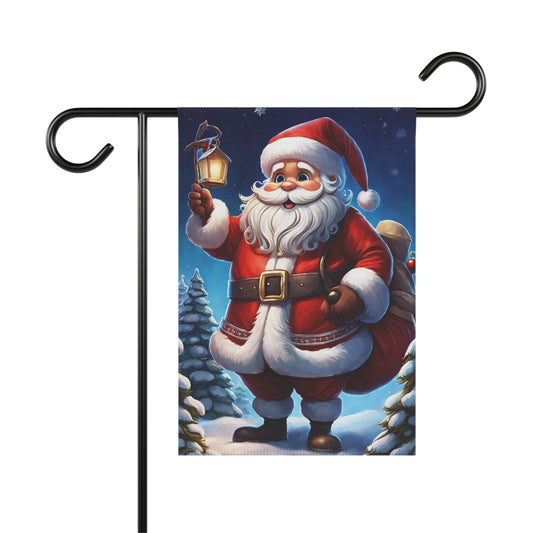 Classic Santa Claus garden flag holding a glowing lantern, dressed in a red suit, standing in a snowy landscape with evergreen trees, on a black metal garden flag stand.


