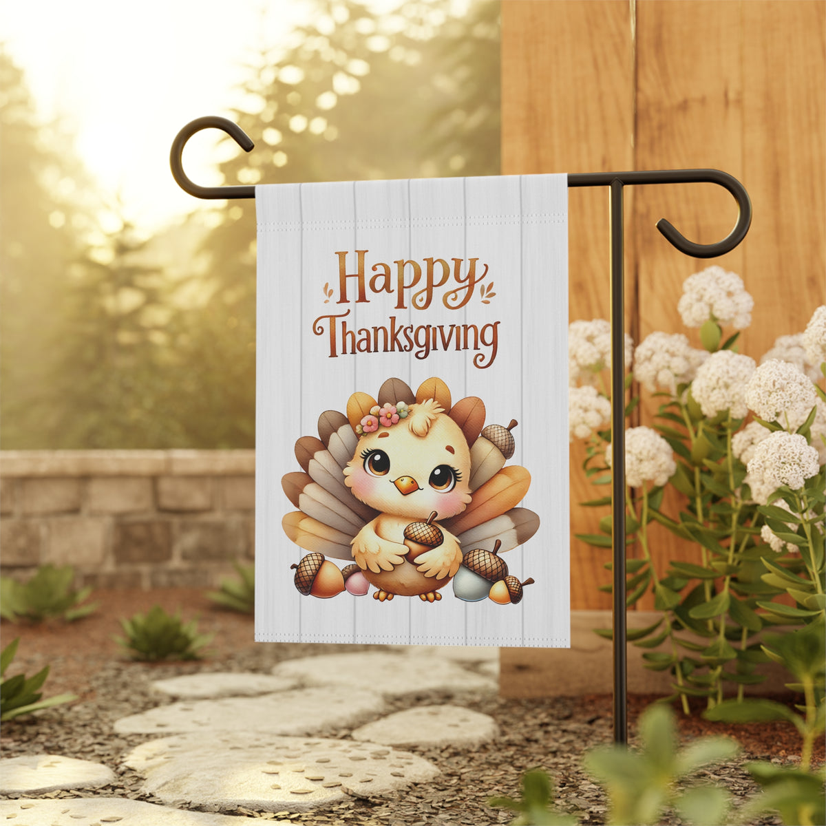 Happy Thanksgiving Garden Flag with a Cute Baby Turkey Flag
