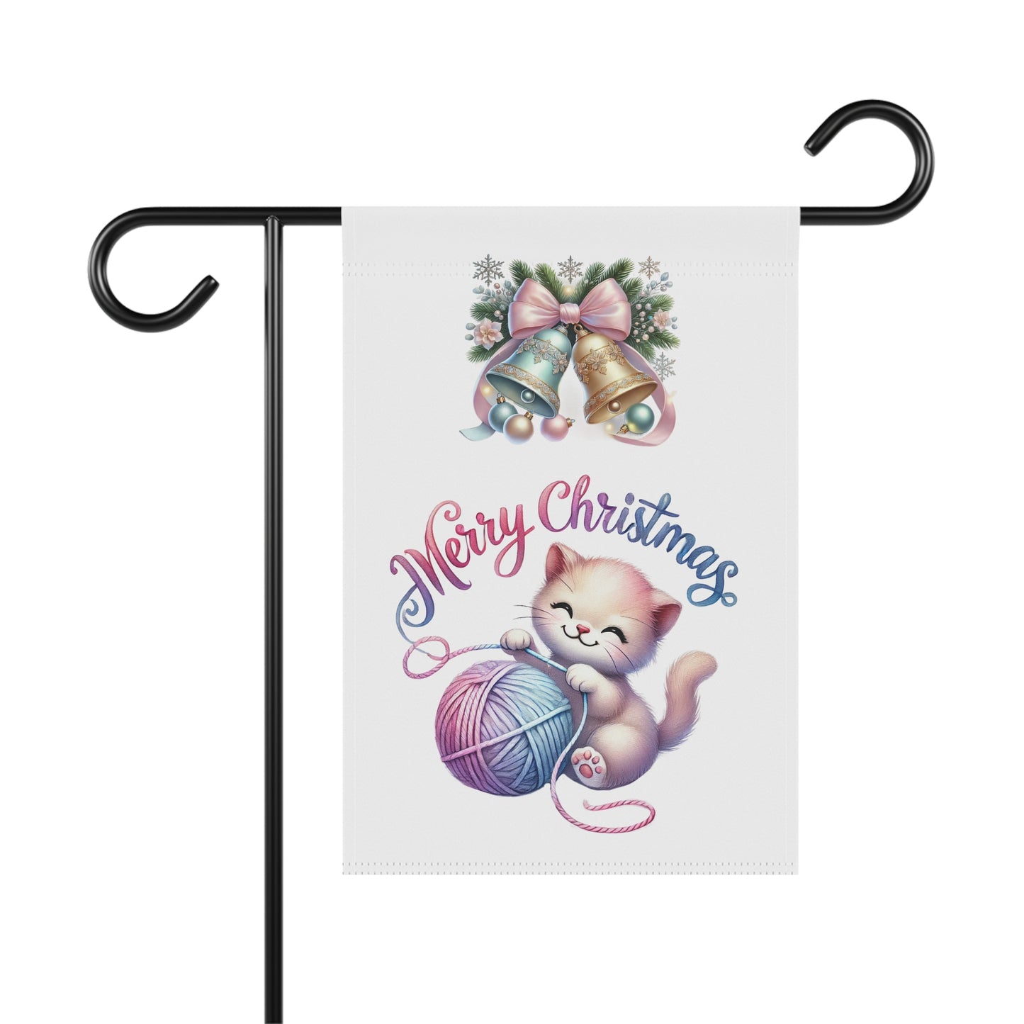 Merry Christmas garden flag with a cute cartoon kitten playing with a pink and blue ball of yarn, with "Merry Christmas" text, adorable holiday pet decor.


