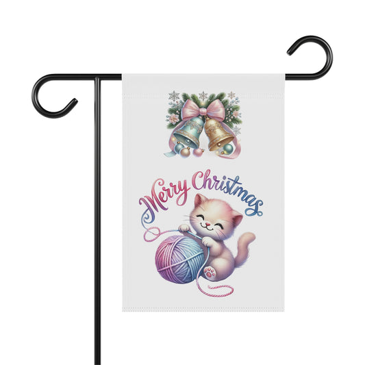 Merry Christmas garden flag with a cute cartoon kitten playing with a pink and blue ball of yarn, with "Merry Christmas" text, adorable holiday pet decor.



