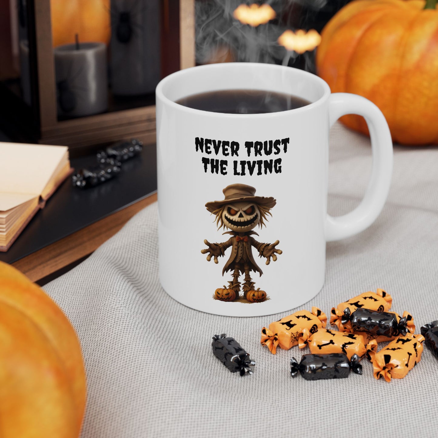 Never Trust The Living" Scary Scarecrow Coffee Mug