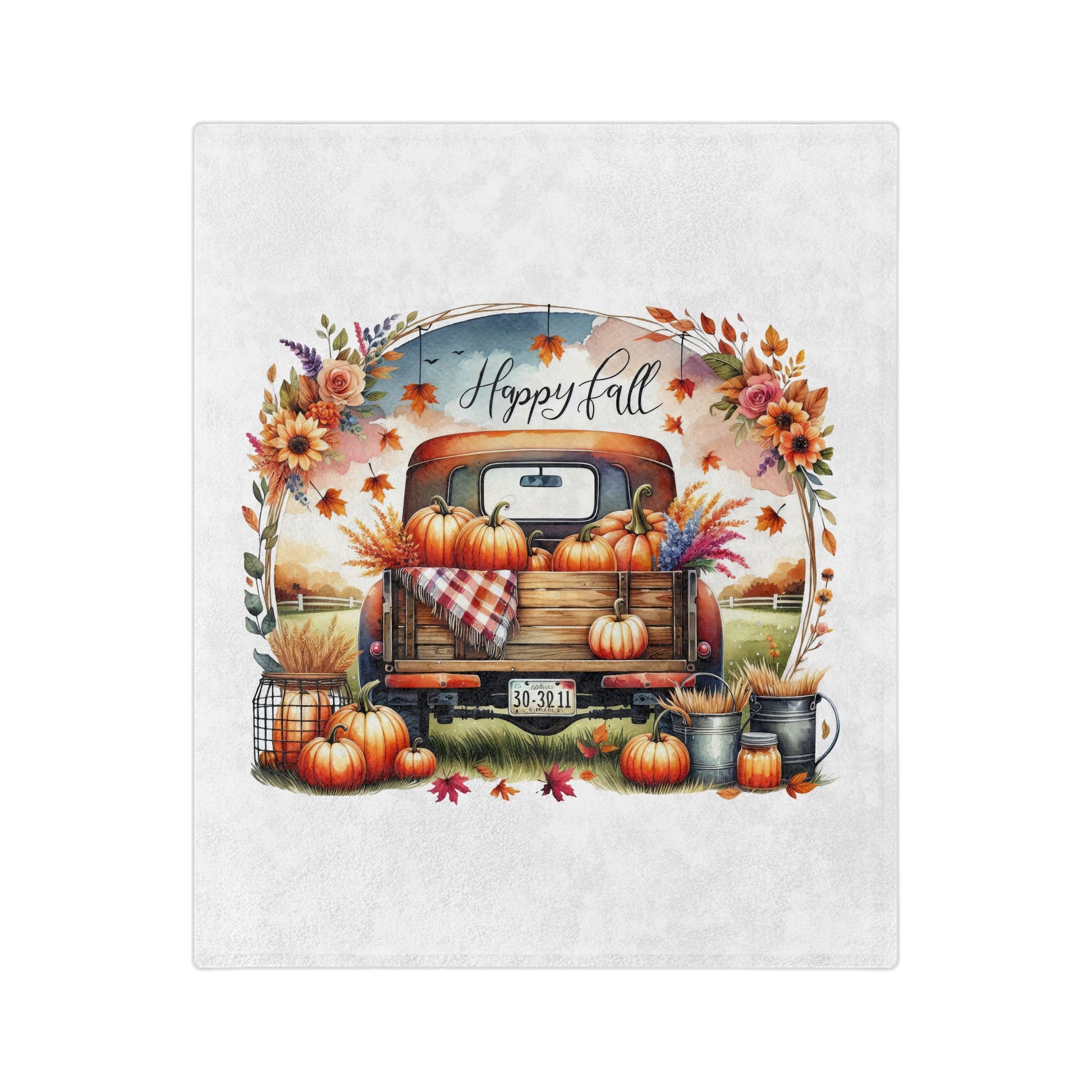 Lightweight velveteen blanket with a "Happy Fall" message and a rustic orange pickup truck filled with pumpkins and fall flowers, framed by an autumnal wreath.

