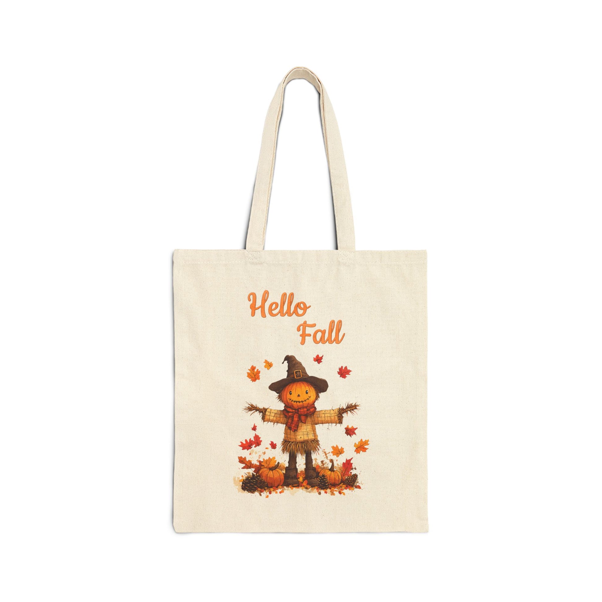 Canvas tote bag with a scarecrow pumpkin and "Hello Fall" text