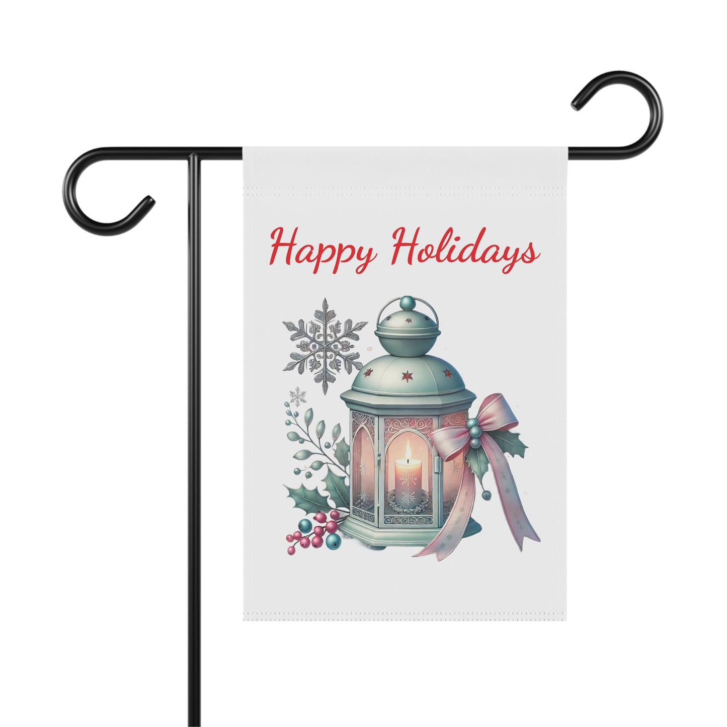 Happy Holidays garden flag with a glowing vintage lantern, surrounded by winter berries, green foliage, snowflakes, and a pink and gold bow, festive outdoor decor.

