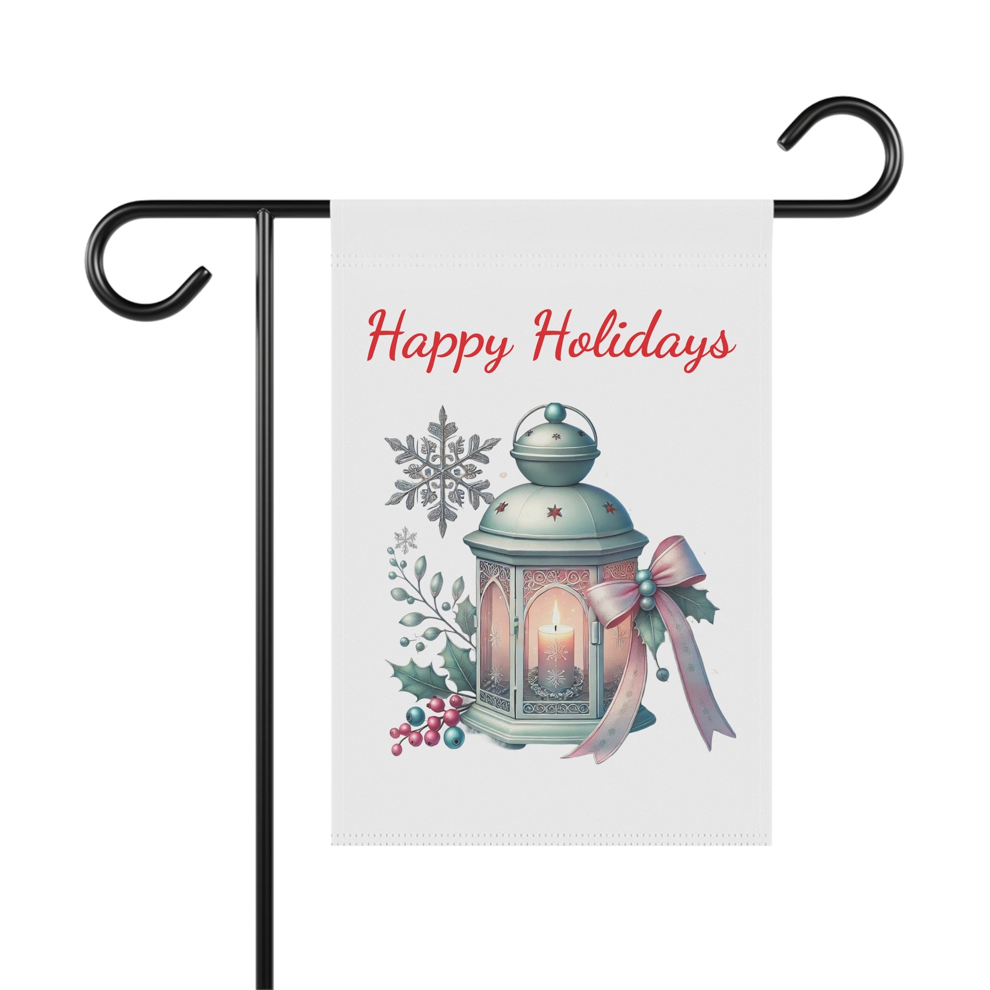Happy Holidays garden flag with a glowing vintage lantern, surrounded by winter berries, green foliage, snowflakes, and a pink and gold bow, festive outdoor decor.

