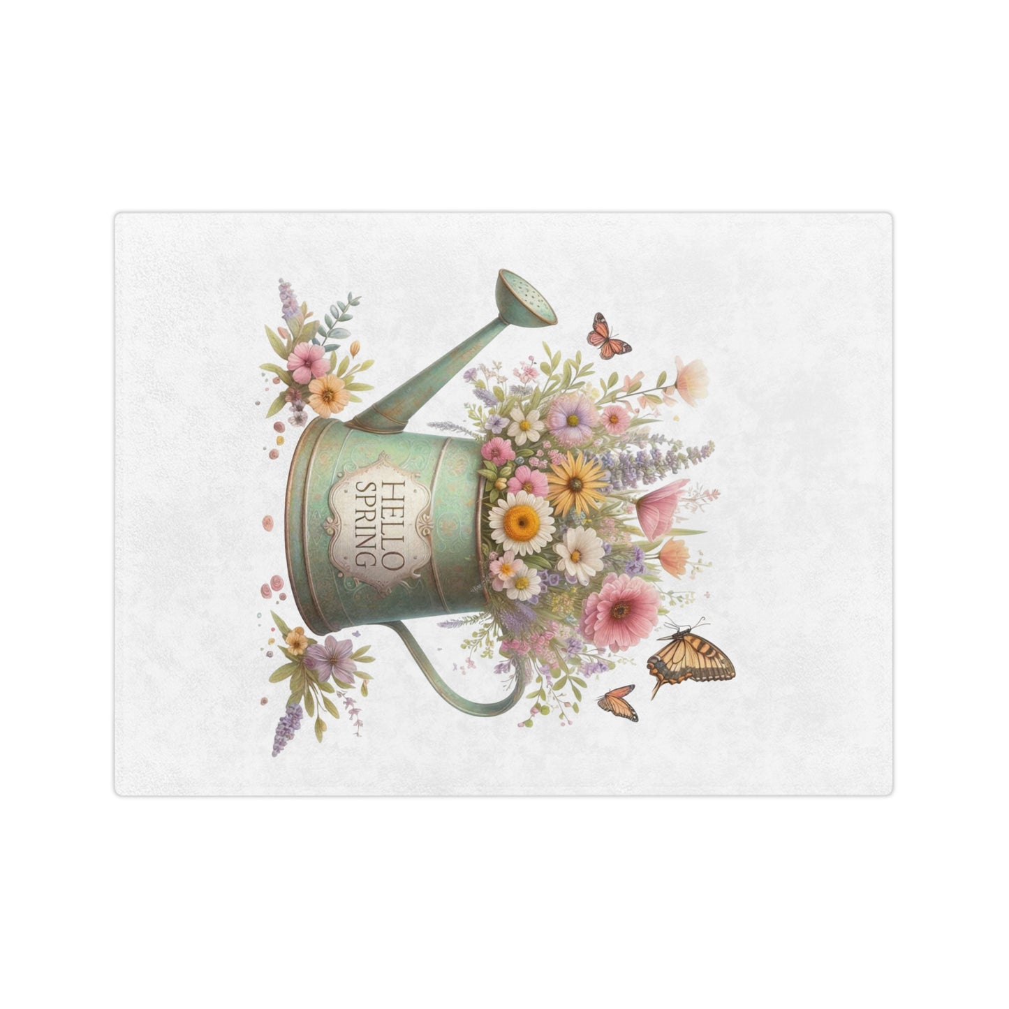 "Hello Spring" Floral Watering Can Velveteen Blanket