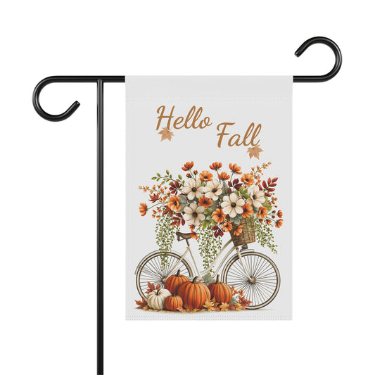 Outdoor garden flag featuring a vintage bicycle with autumn flowers beneath warm orange script text reading Hello Fall.