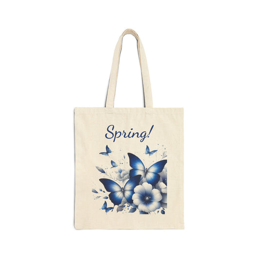 Elegant blue butterfly and floral canvas tote bag with "Spring!" text.
