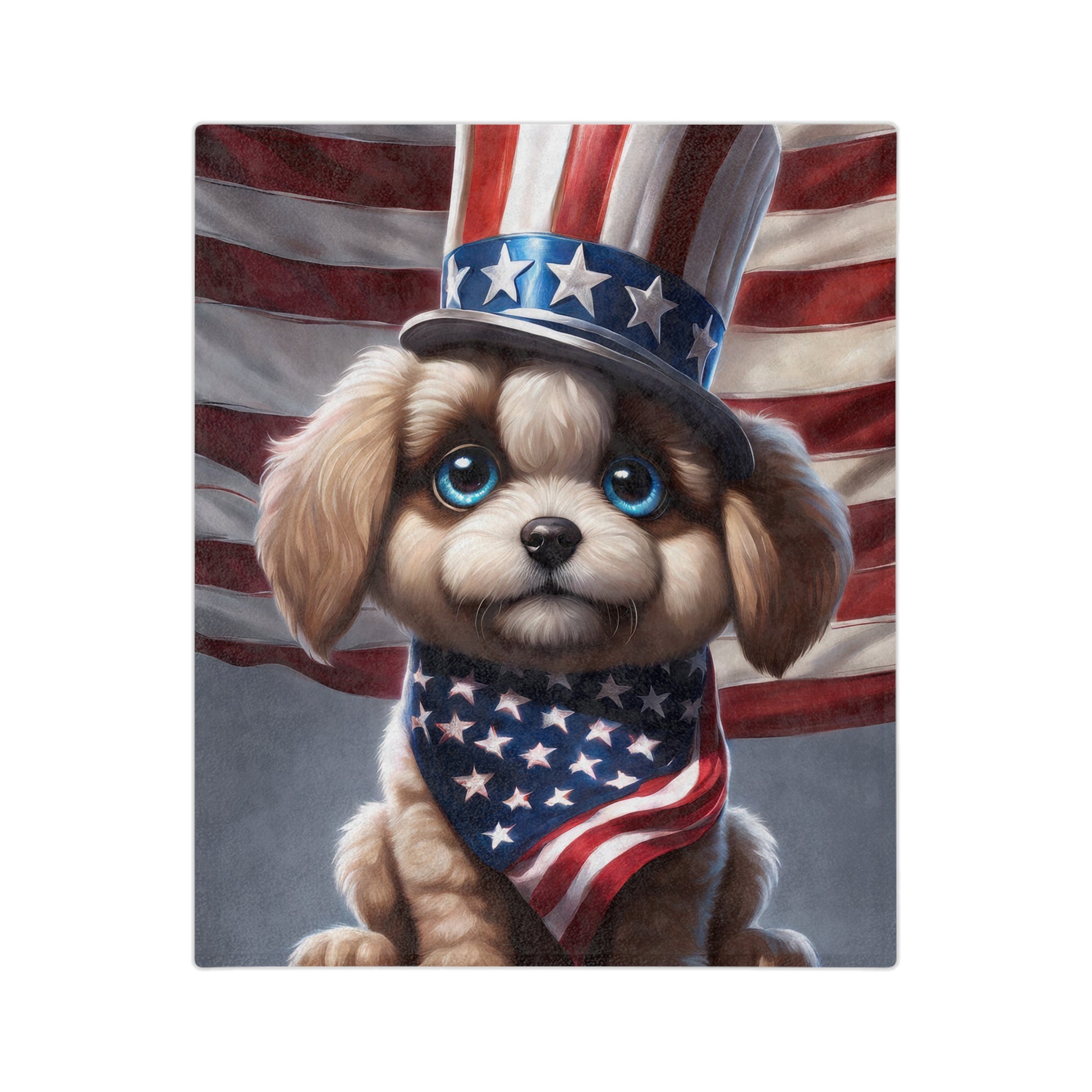 Velveteen plush blanket with cute puppy wearing Uncle Sam hat and American flag bandana, with waving U.S. flag in the background