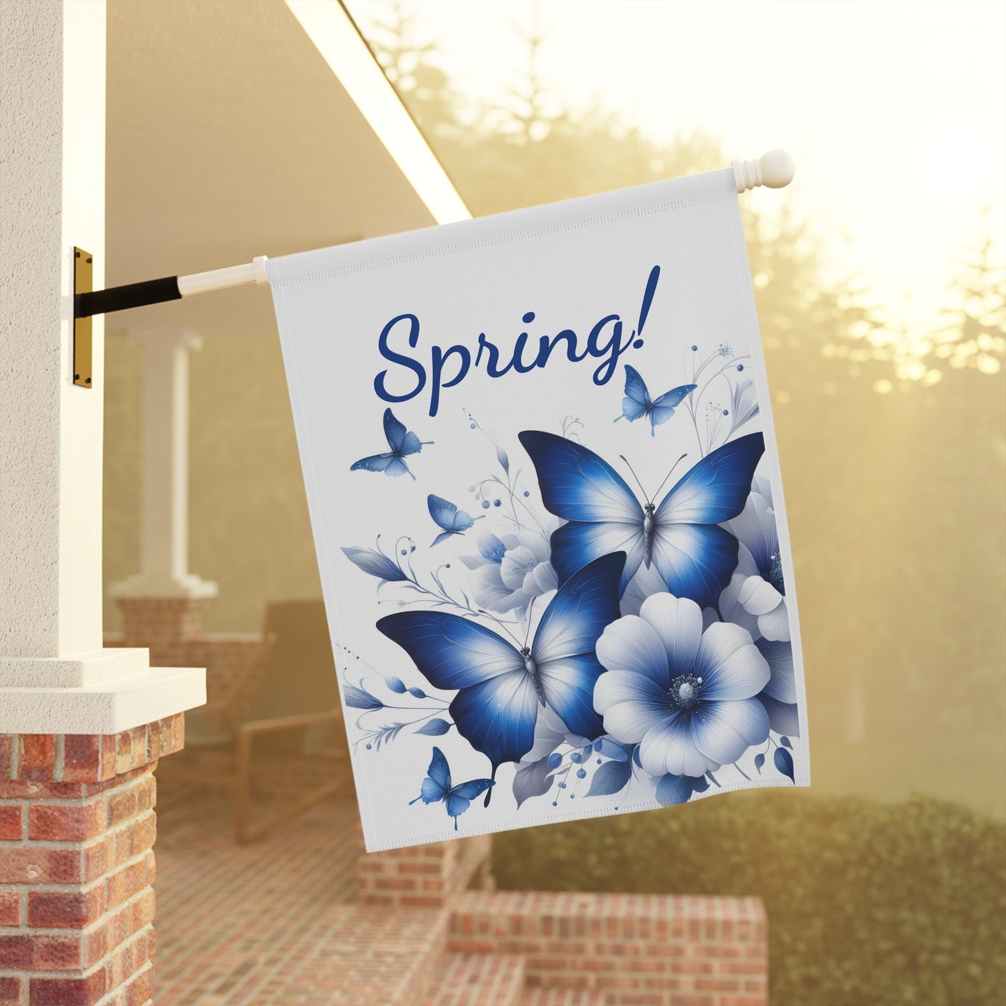 Elegant Blue Butterfly & Floral Spring Garden Flag