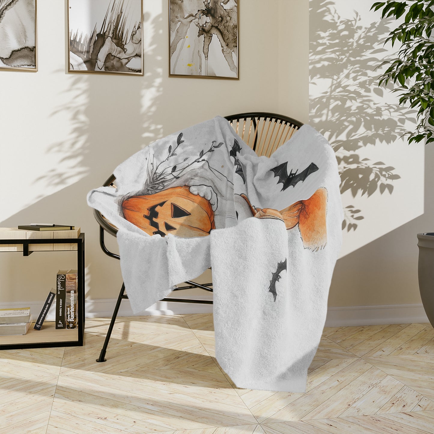 Cute Ghost with Pumpkin & Drink Halloween Lightweight Velveteen Blanket