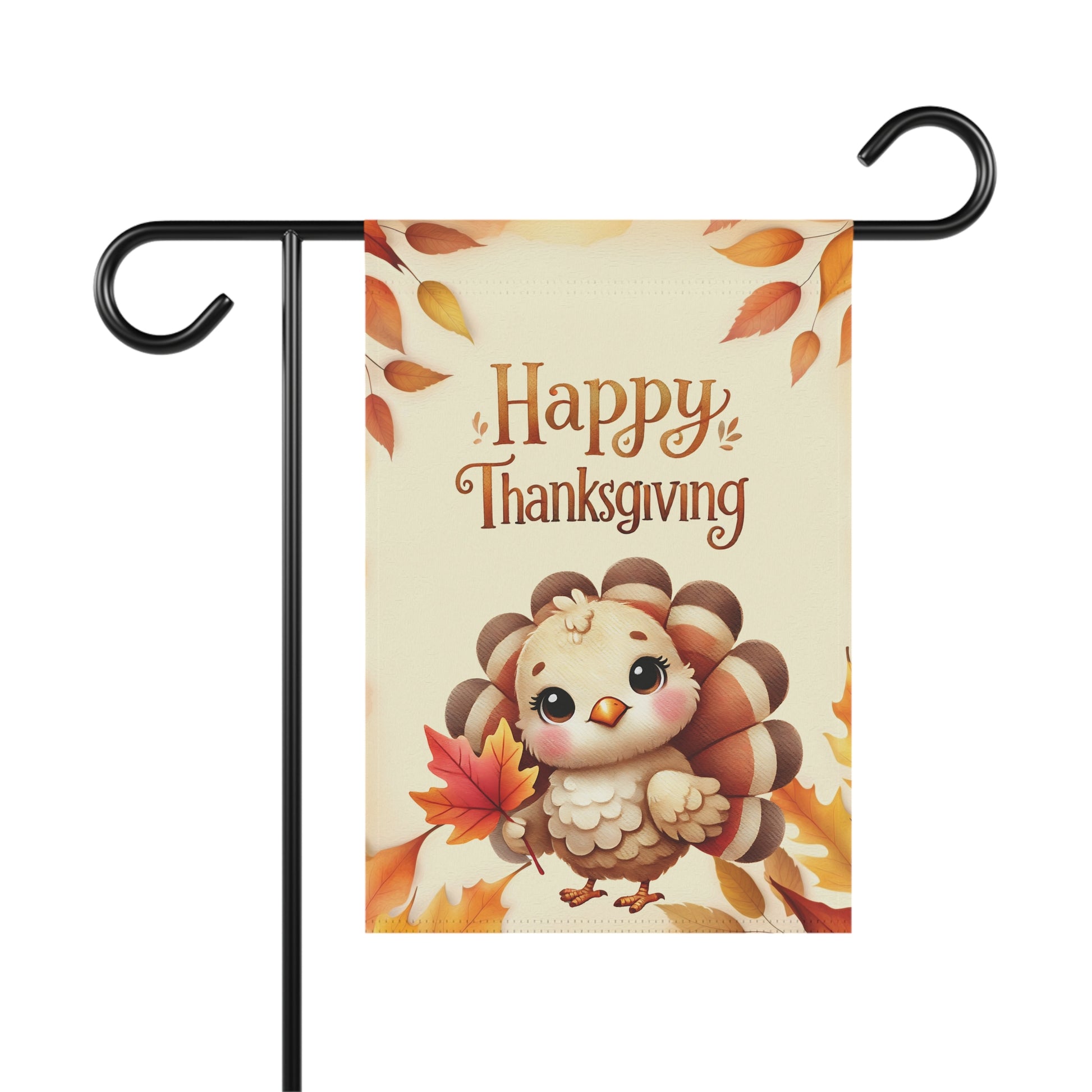Thanksgiving garden flag featuring baby turkey holding a red leaf with autumn foliage background