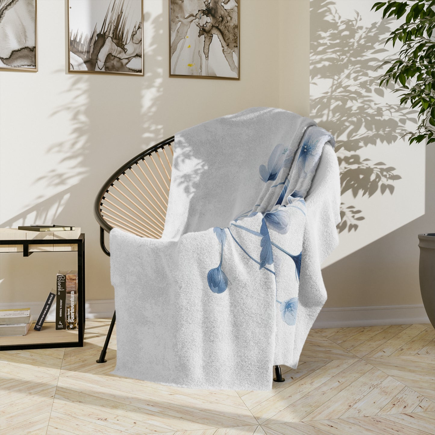 Serene Blue Butterfly & White Flowers Velveteen Blanket