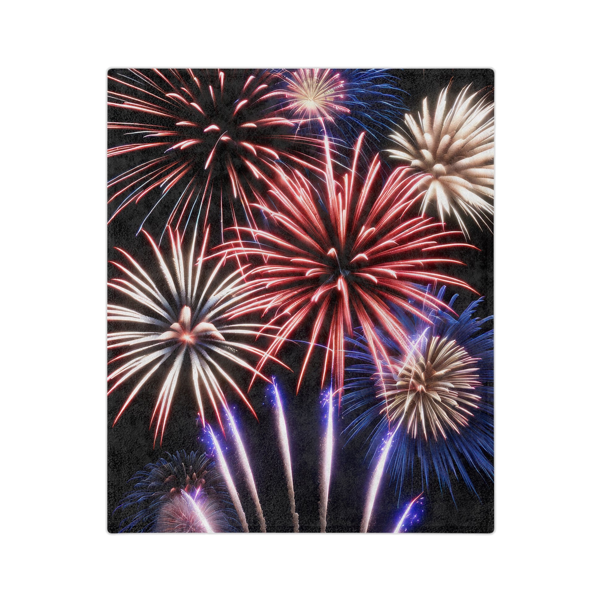 Red, white, and blue fireworks explode in a vibrant display on a plush 4th of July blanket with a black background