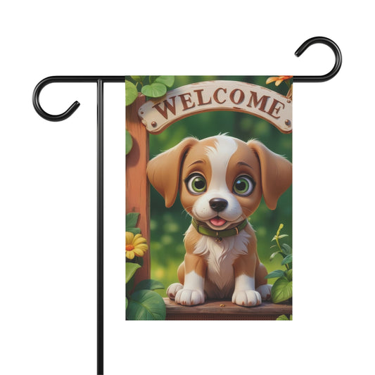 Cute puppy welcome garden flag with cartoon dog and green background