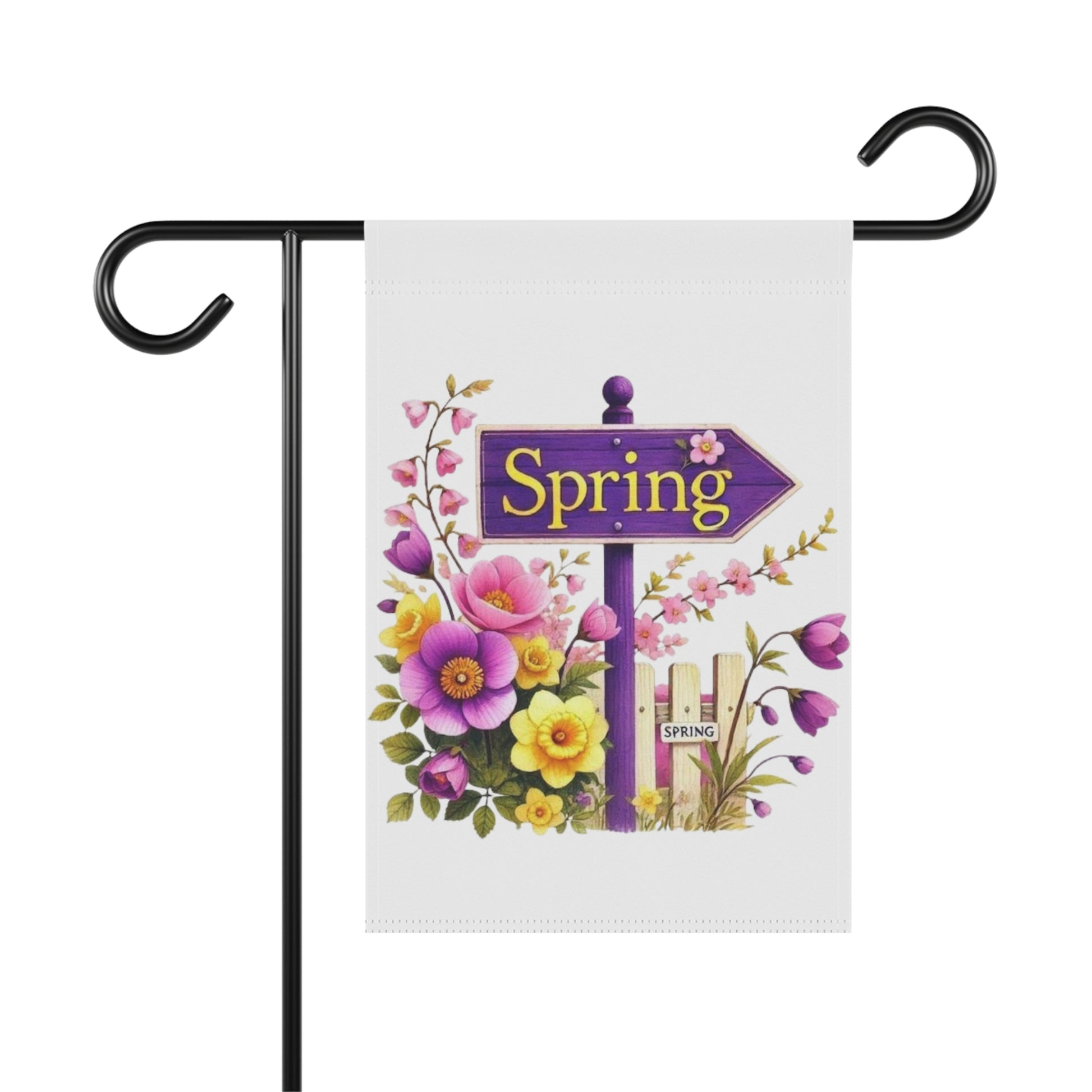 Spring garden flag featuring an illustration of a purple wooden directional sign with yellow text reading Spring, surrounded by a lush bouquet of pink, purple, and yellow daffodils and flowers next to a picket fence.
