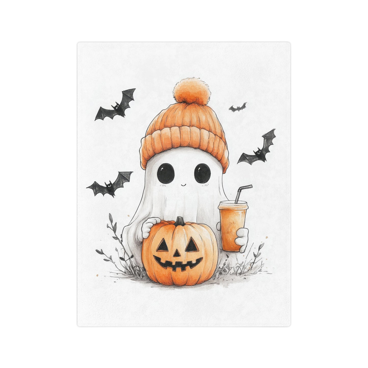 Lightweight velveteen blanket with a cute ghost wearing an orange beanie, holding a pumpkin and a drink, with bats, whimsical Halloween decor.

