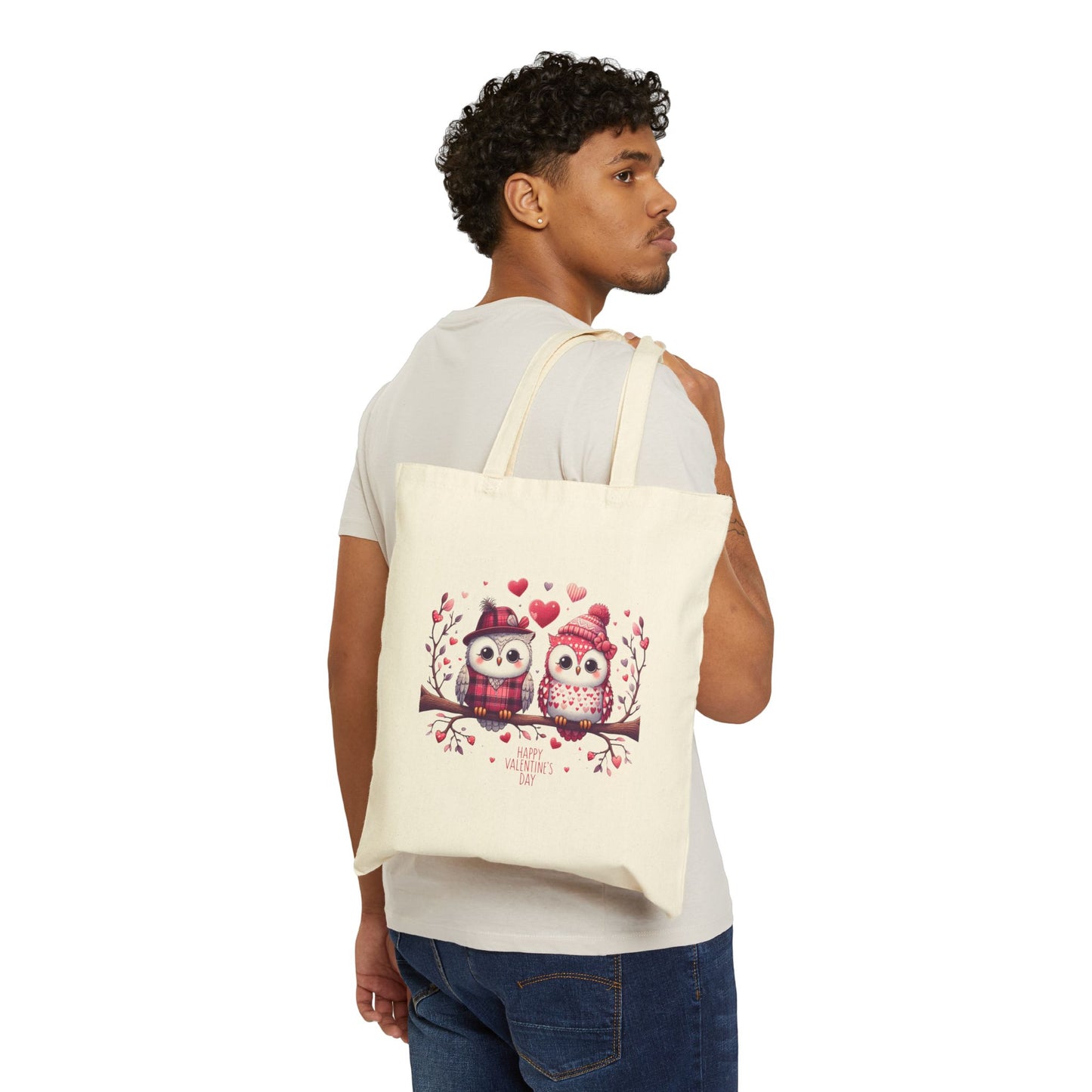 "Happy Valentine's Day" Owl Couple Canvas Tote Bag