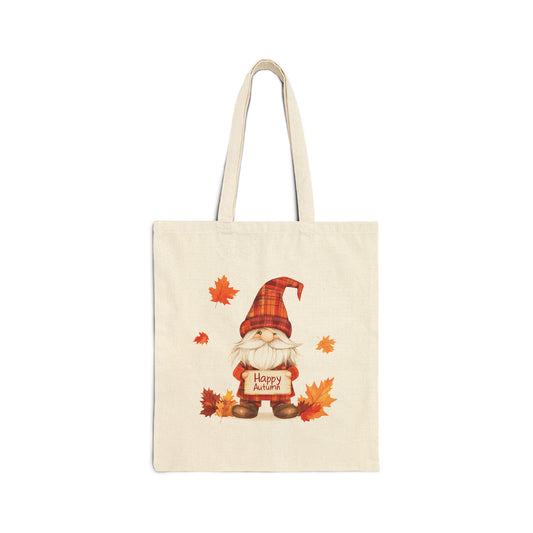 Canvas tote bag with a cute plaid gnome holding a "Happy Autumn" sign