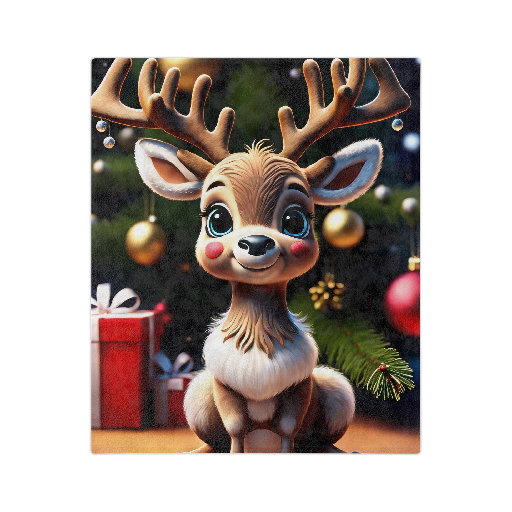 Cute baby reindeer sitting in front of Christmas tree with ornaments and presents on a holiday plush blanket