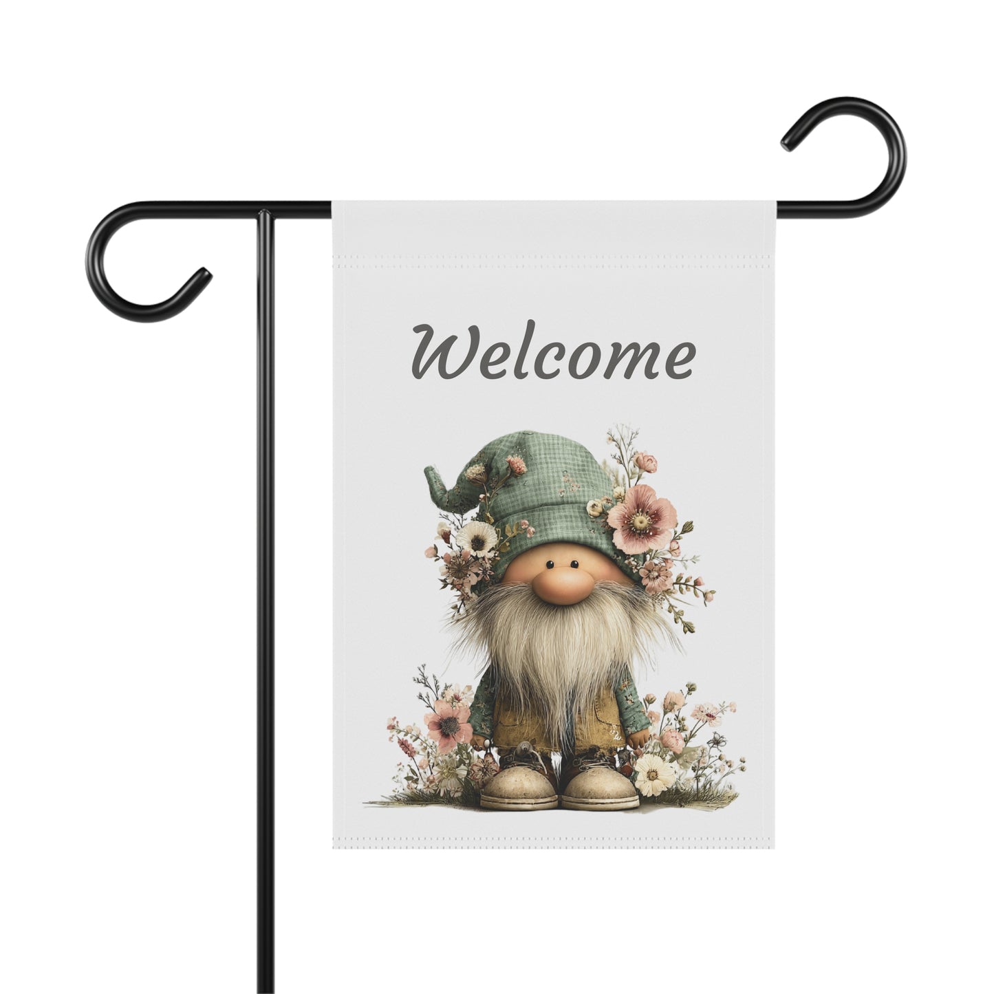 Garden flag on a black metal stand printed with charcoal script Welcome text above a whimsical garden gnome wearing a tall green hat accented with flowers