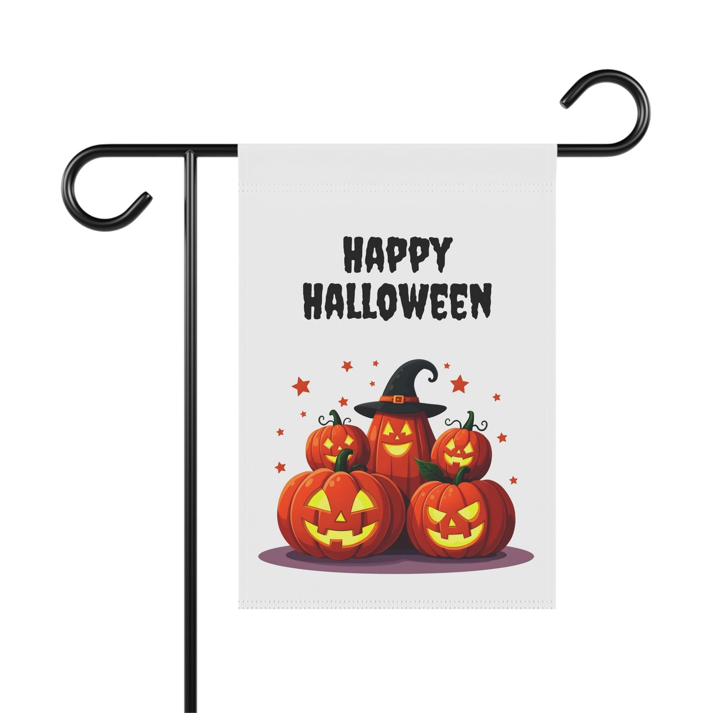 “Happy Halloween garden flag with smiling jack-o’-lantern pumpkins and a witch hat – festive fall outdoor decoration”