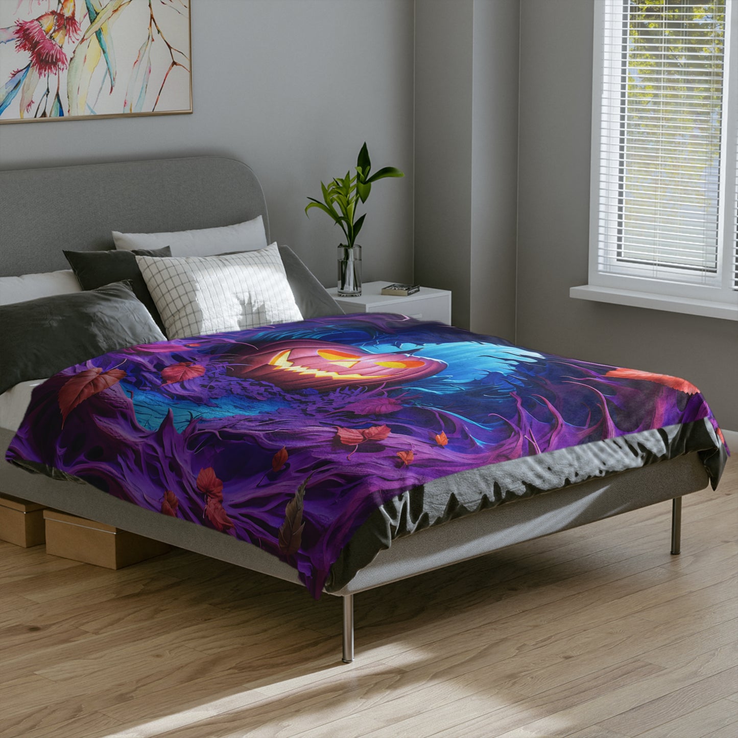 Eerie Glowing Pumpkin in Enchanted Purple Tree Hollow Blanket