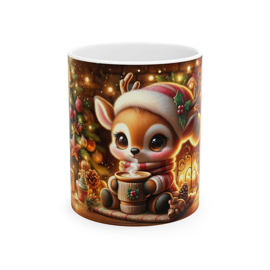 White ceramic coffee mug with a charming illustration of a baby reindeer wearing a red and white Santa hat and scarf, holding a steaming mug, with a cozy, festive background of lights and a fireplace.


