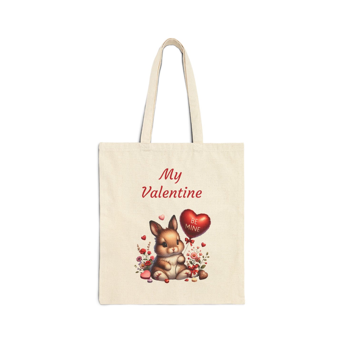 "My Valentine" canvas tote bag featuring a cute bunny rabbit holding a red heart balloon that says "BE MINE."
