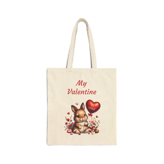  "My Valentine" canvas tote bag featuring a cute bunny rabbit holding a red heart balloon that says "BE MINE."