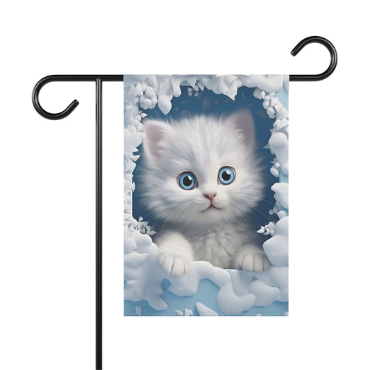 Fluffy white kitten with blue eyes peeking through winter floral frame on garden flag