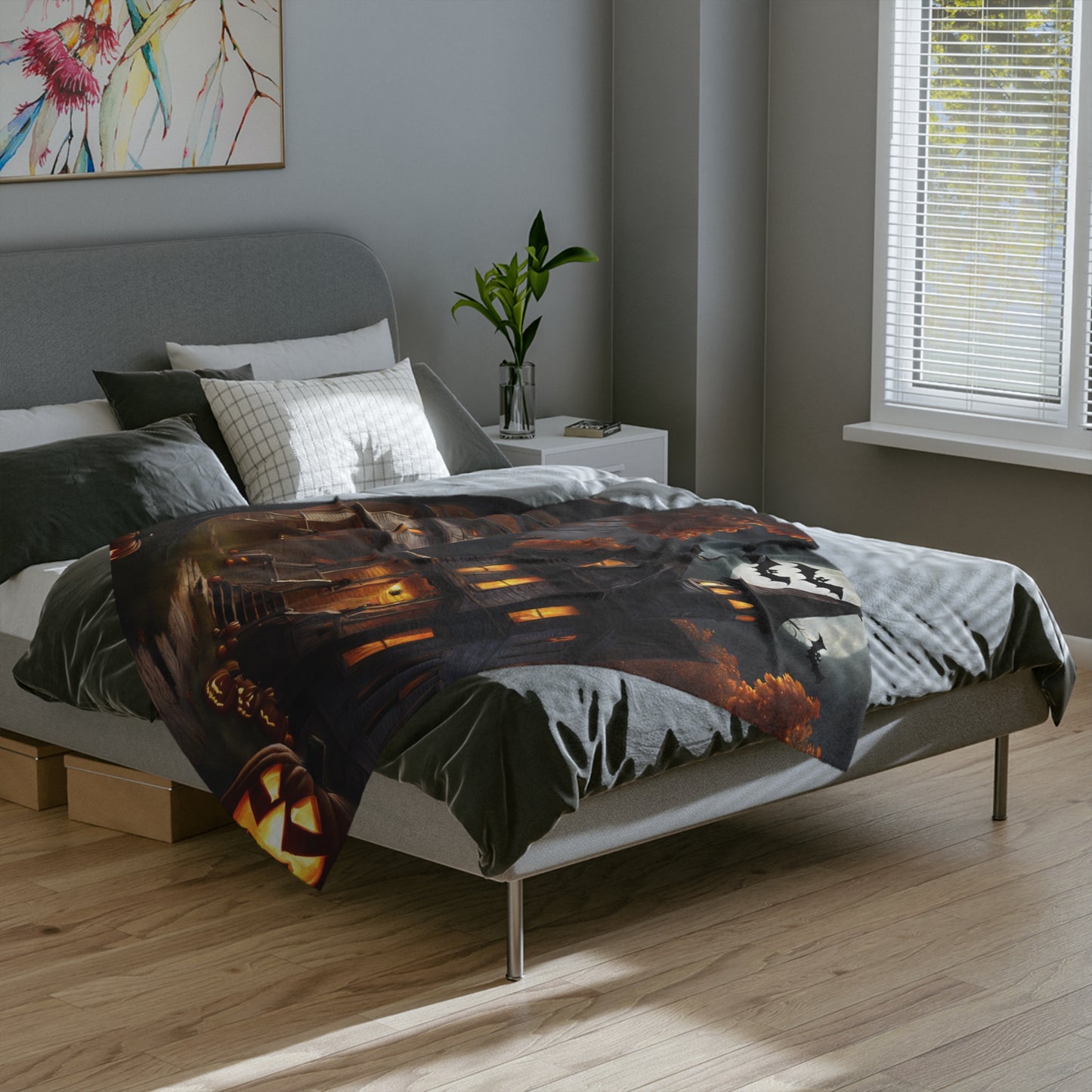 Spooky Cottage & Glowing Pumpkins Halloween Lightweight Velveteen Blanket