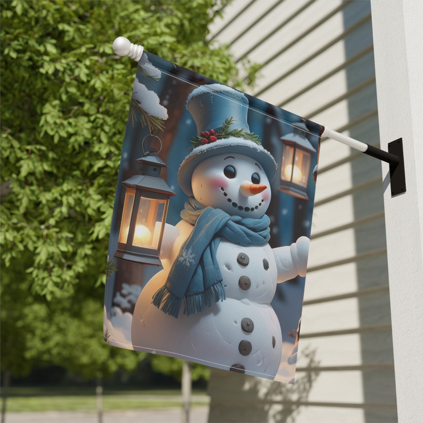 Cheerful Snowman in Blue Garden Flag