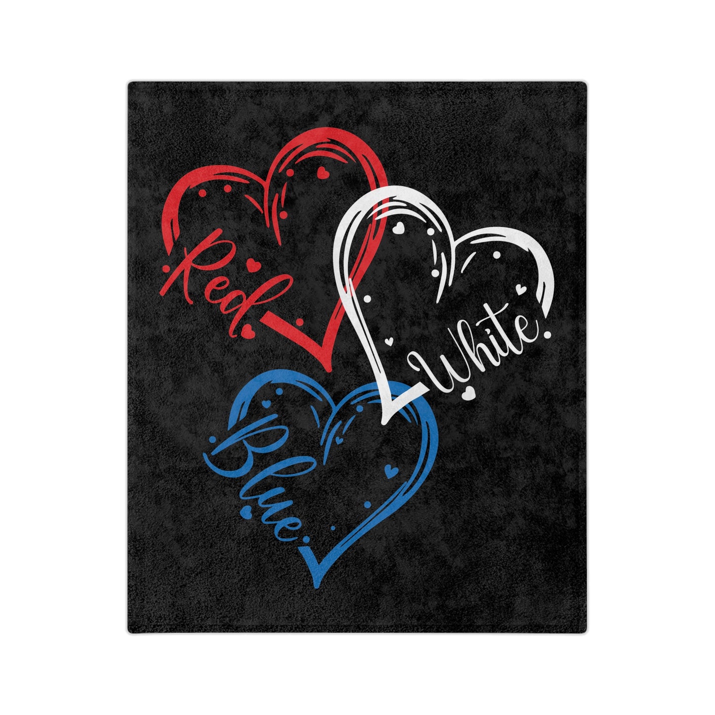 Patriotic blanket with red, white, and blue hearts on a black background featuring the words "Red", "White", and "Blue"

