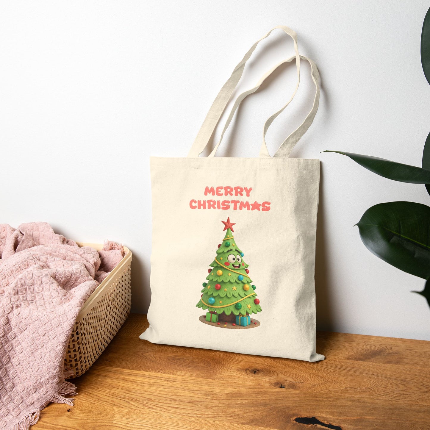 Whimsical "Merry Christmas" Tree Reusable Tote