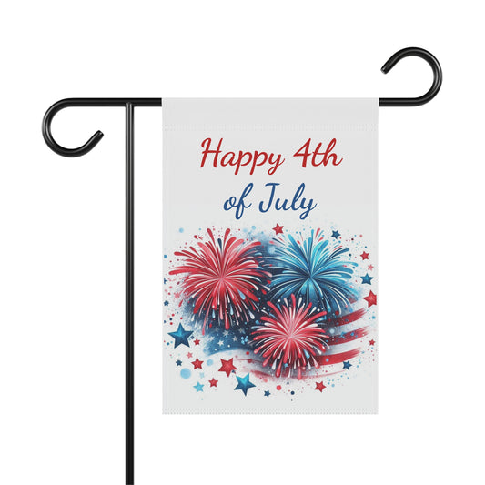 Patriotic garden flag featuring red and blue fireworks over a painted American flag background with scattered stars beneath the script text Happy 4th of July written in red and blue.
