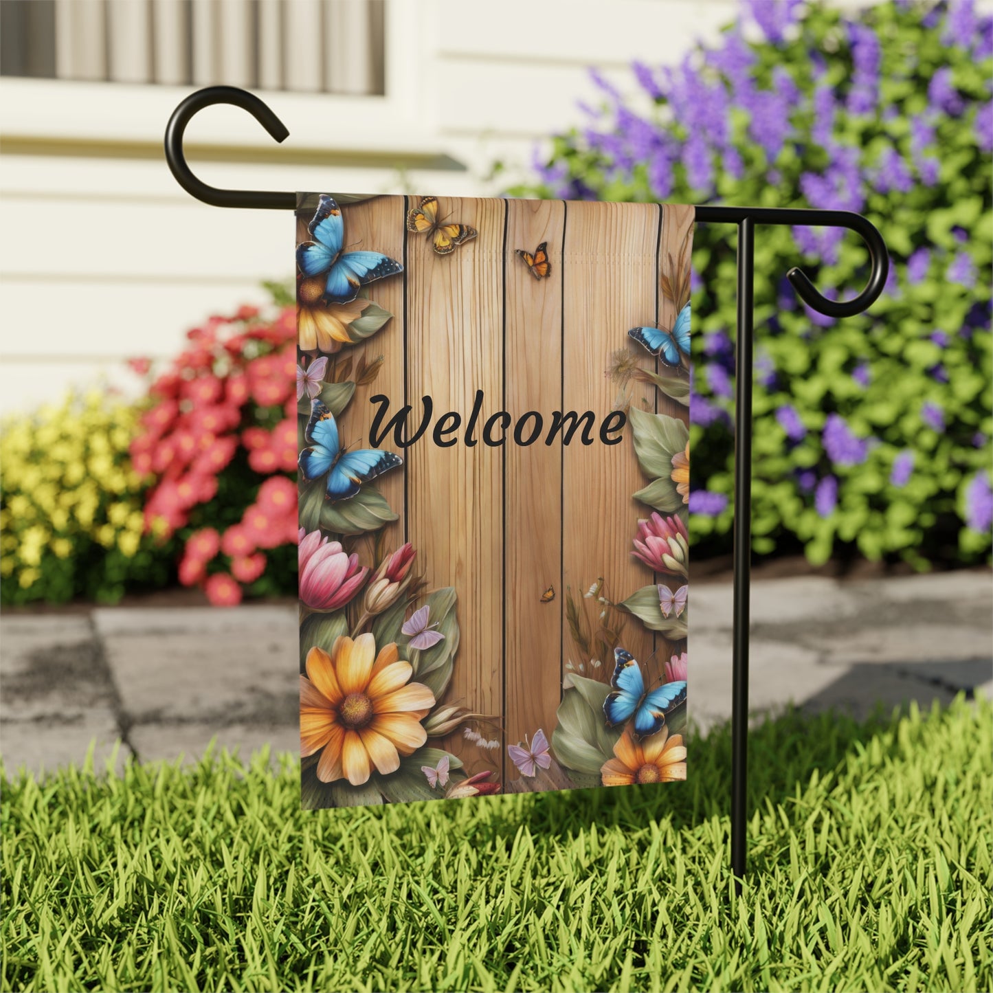 Welcome Garden Flag with Butterflies and Flowers