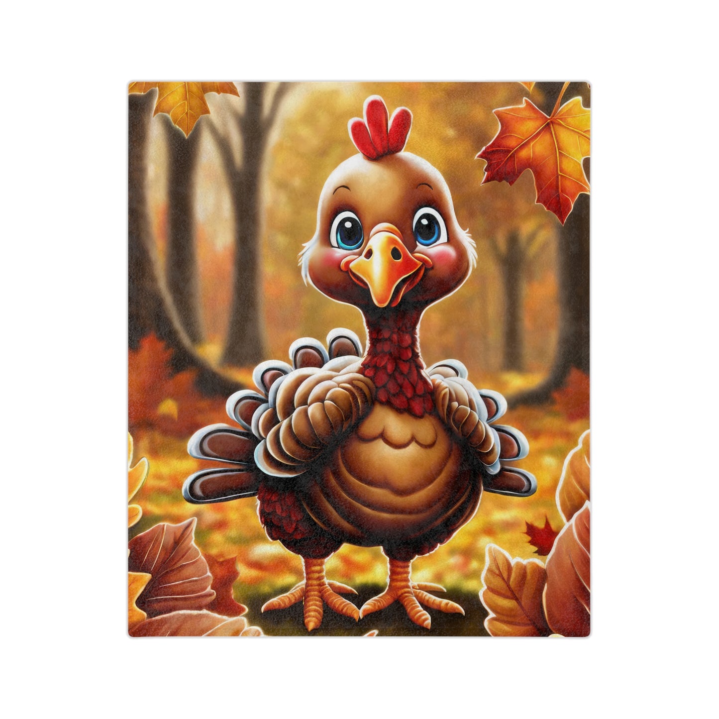 Adorable Autumn Turkey Forest Plush Blanket with a cute turkey standing among colorful fall leaves in a warm autumn forest.


