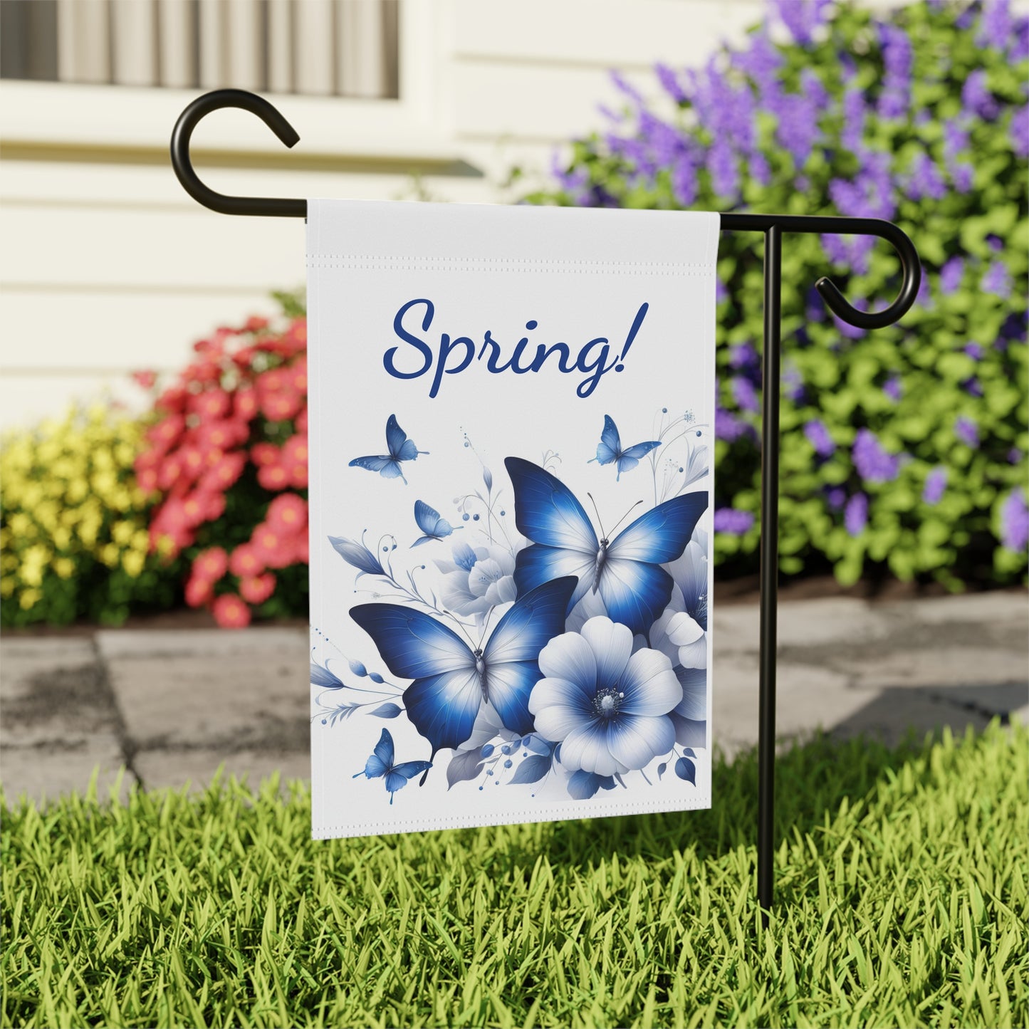 Elegant Blue Butterfly & Floral Spring Garden Flag