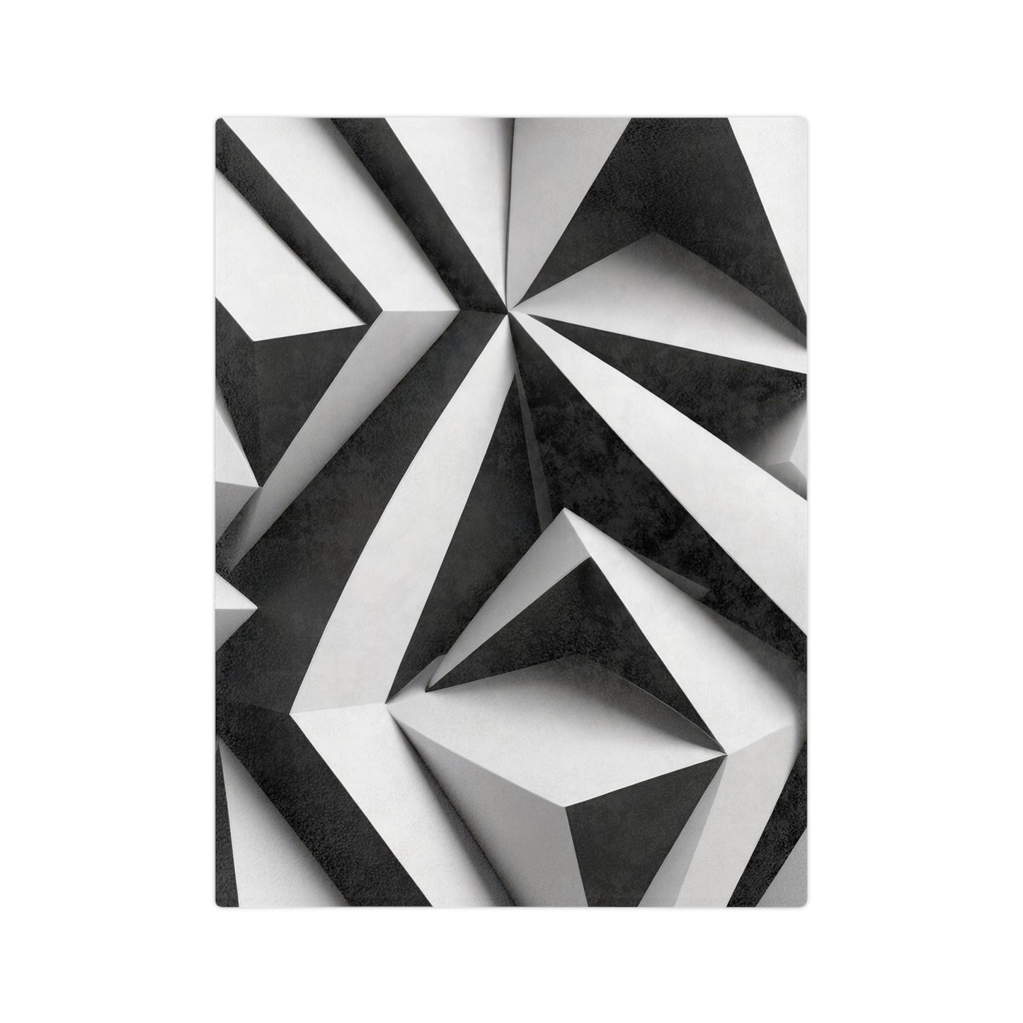 Velveteen plush blanket with a 3D black and white geometric pattern