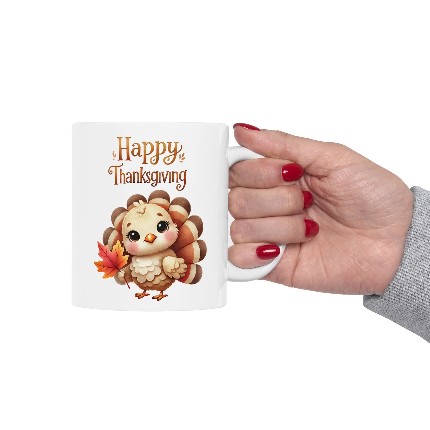 White ceramic mug featuring a cute cartoon turkey holding a fall leaf with "Happy Thanksgiving" text