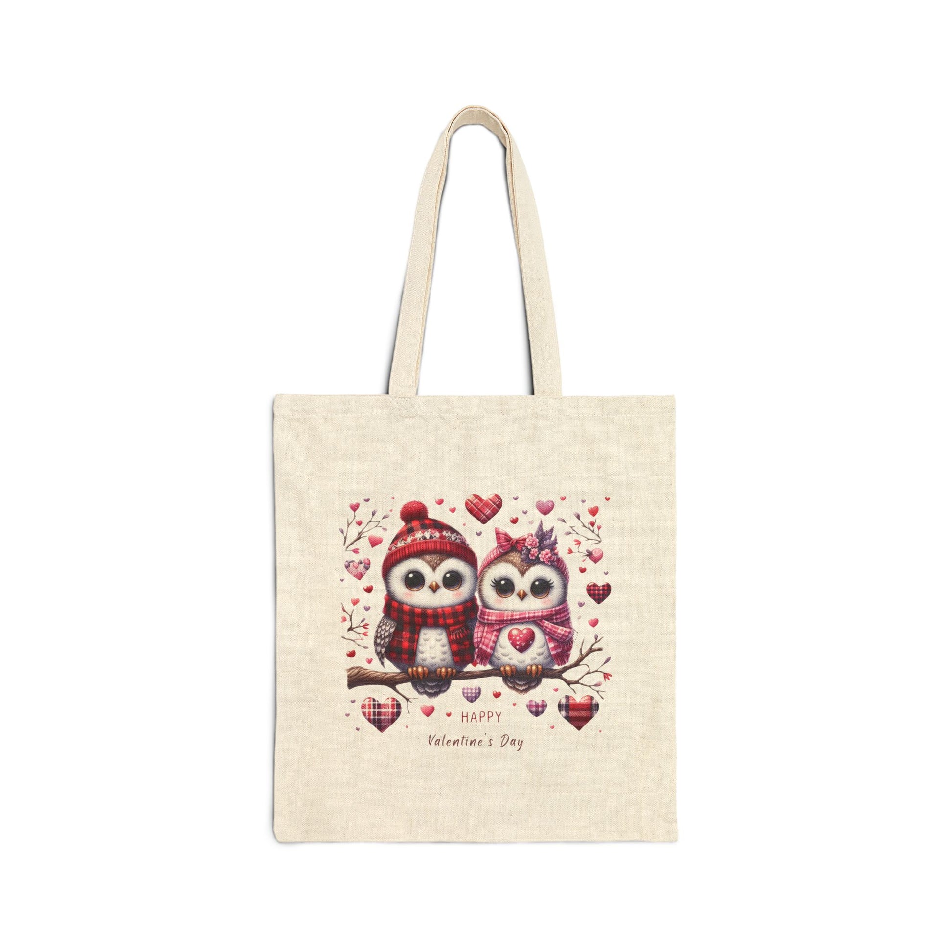Canvas tote bag with a "Happy Valentine's Day" print featuring a cute owl couple sitting on a branch with hearts.


