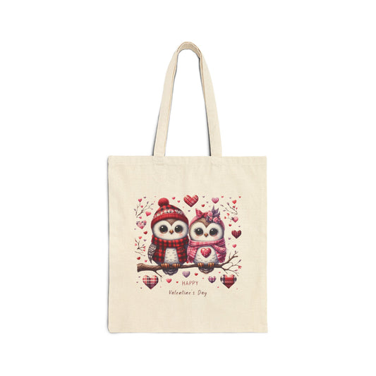 Canvas tote bag with a "Happy Valentine's Day" print featuring a cute owl couple sitting on a branch with hearts.

