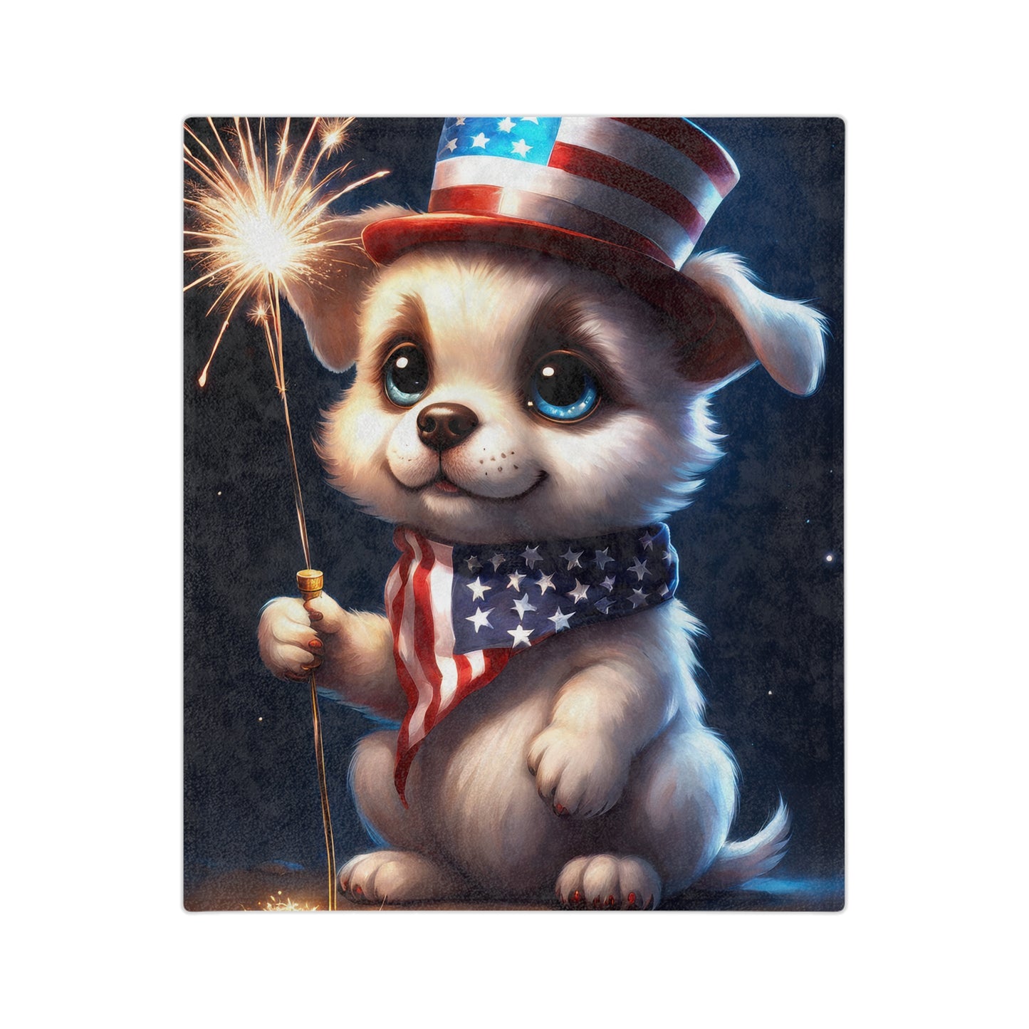 Velveteen plush blanket featuring a cute puppy in patriotic scarf and top hat holding a sparkler on a dark background

