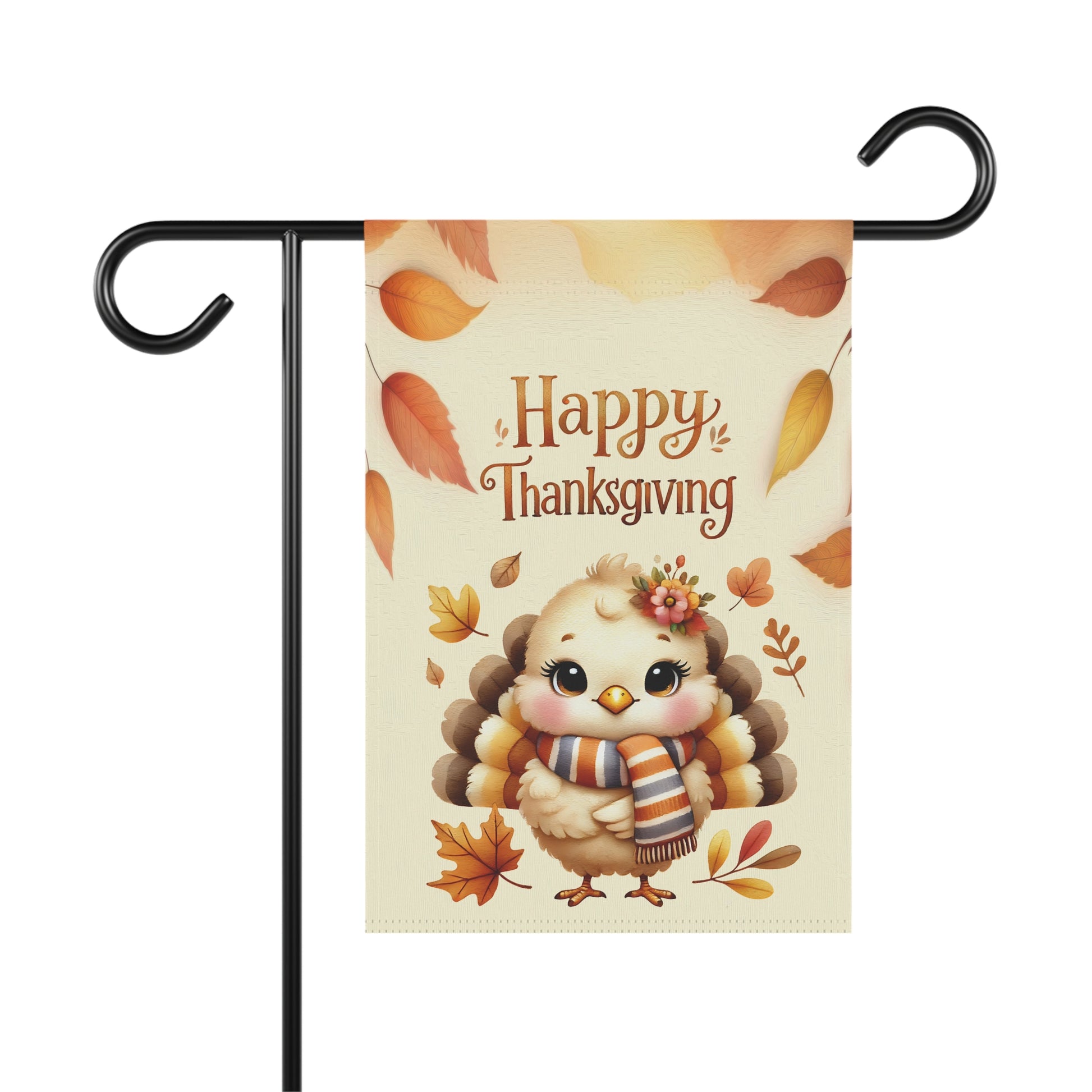 Thanksgiving garden flag with cute baby turkey wearing striped scarf and floral crown surrounded by fall leaves