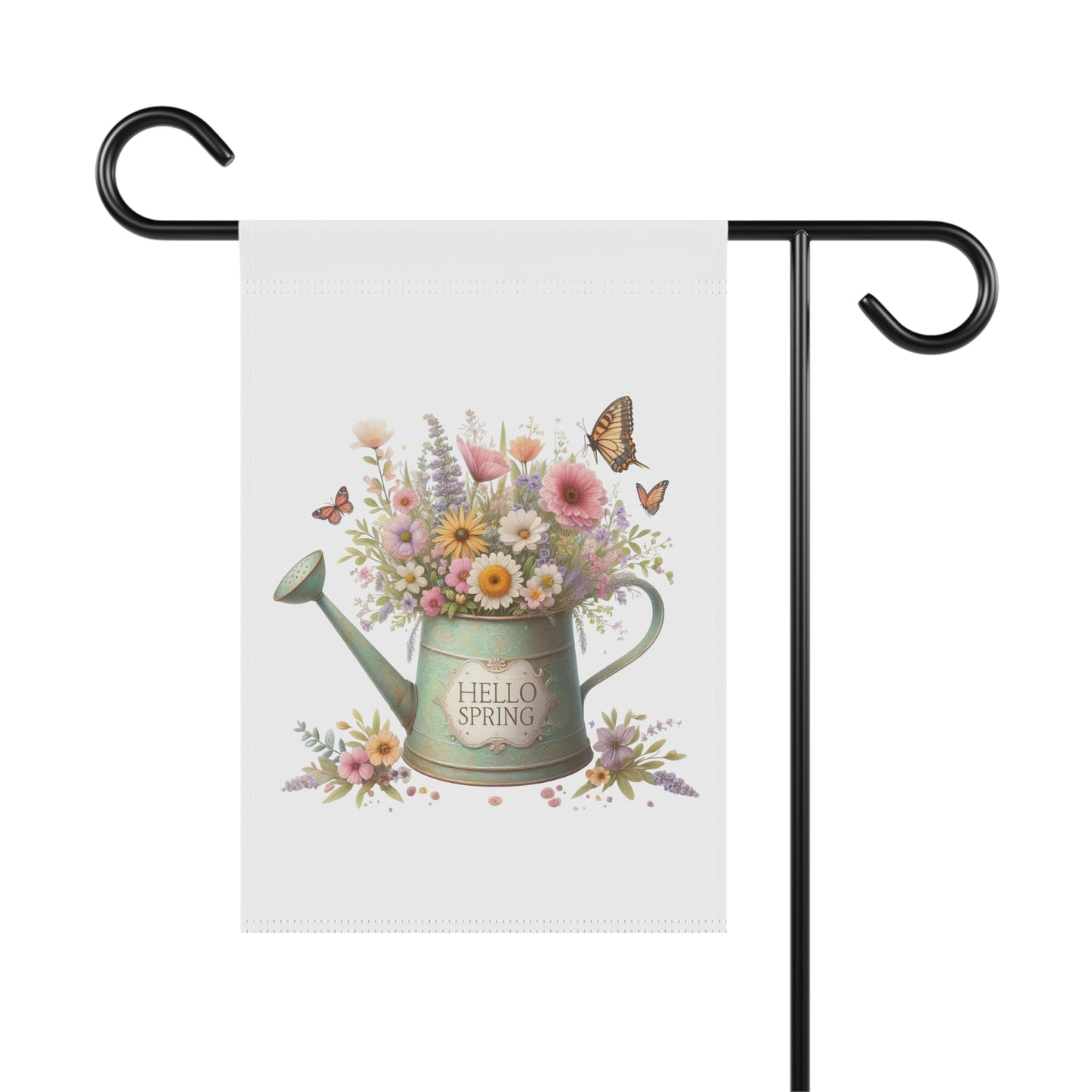 "Hello Spring" Watering Can Garden Flag with Floral Bouquet