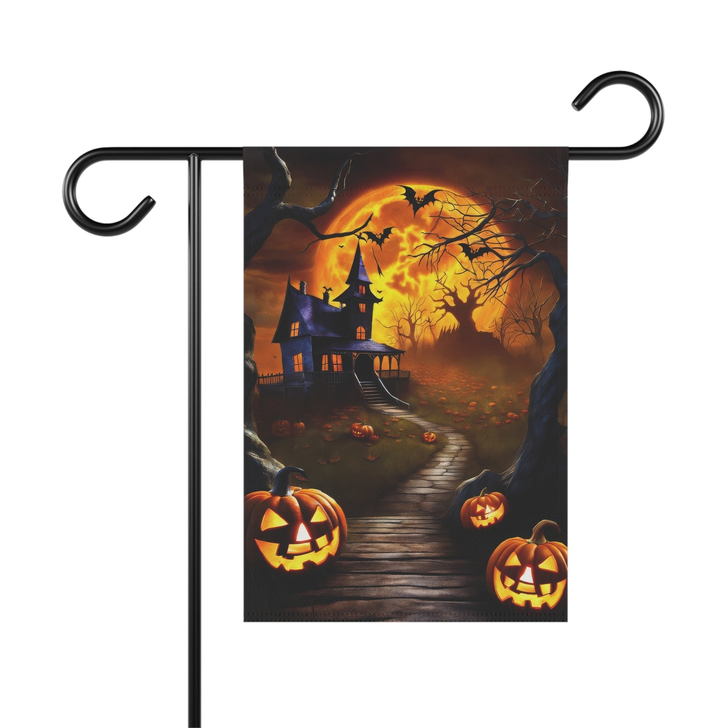Haunted house Halloween garden flag with glowing pumpkins, spooky trees, and full moon