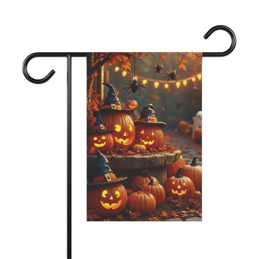 Halloween garden flag with glowing jack-o'-lanterns, witch hats, spiders, and festive lights on an autumn background